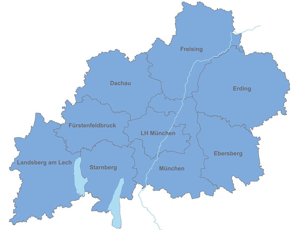 Übersicht Region München mit Landkreisen und Landeshauptstadt