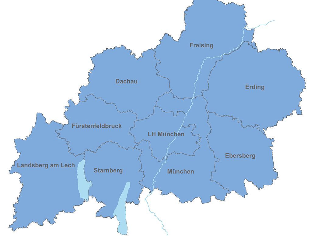 Übersicht Region München mit Landkreisen und Landeshauptstadt