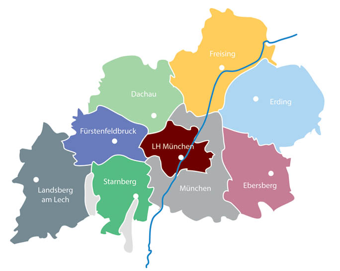 Übersicht Region München mit Landkreisen und Landeshauptstadt
